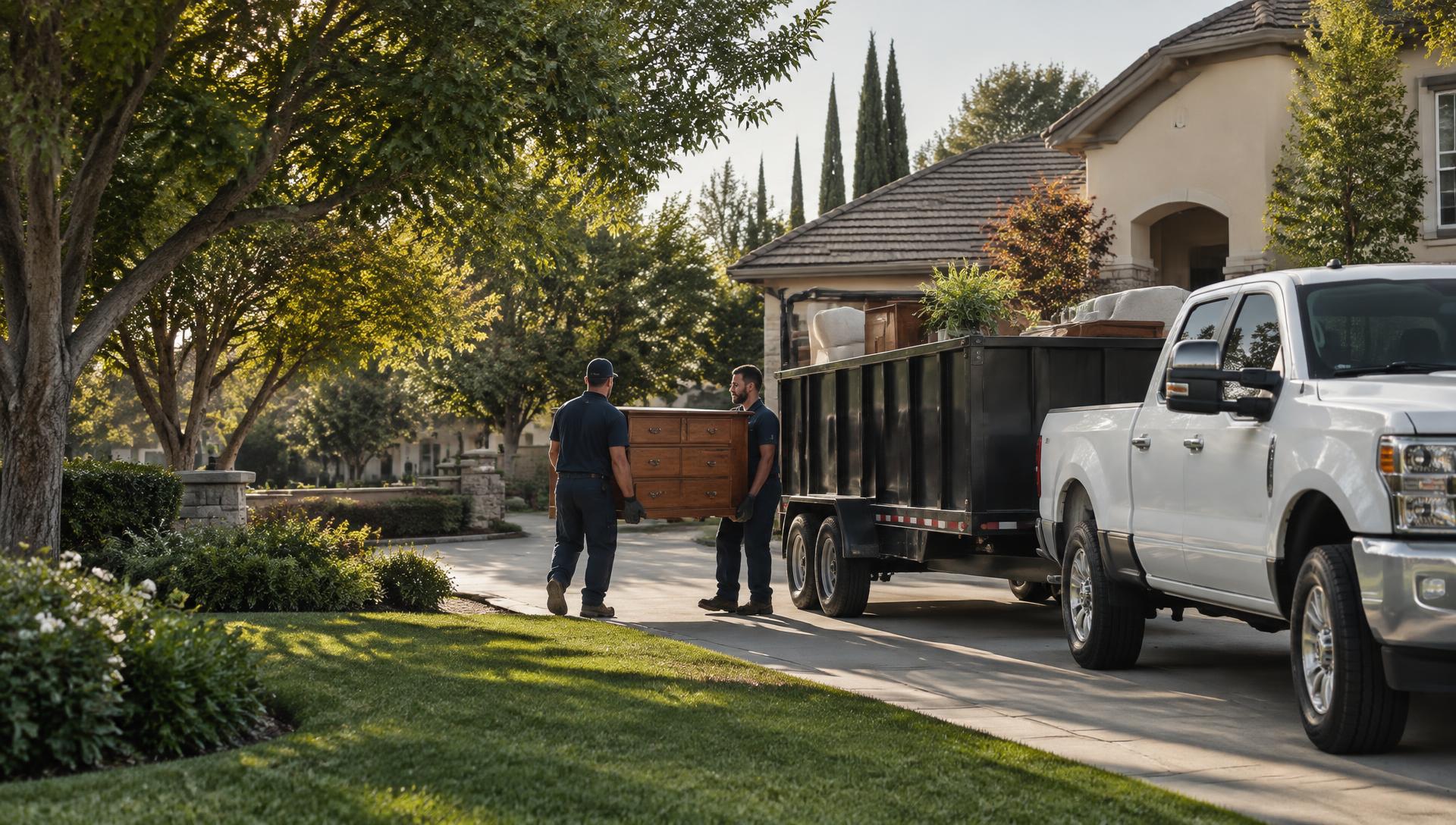 A professional crew loading furniture into a cleanout trailer at a California home